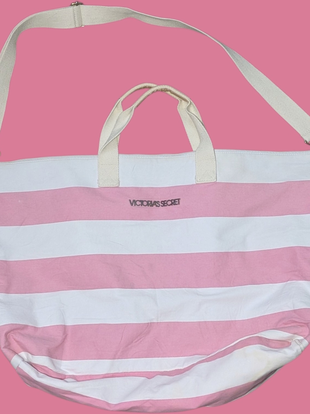 Victoria's Secret Pink White Striped Canvas Weekender Duffle Bag Tote W Straps